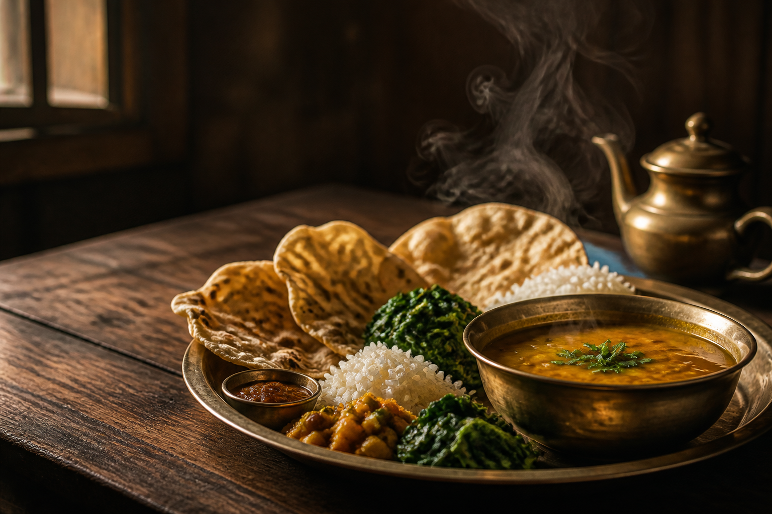 Warm local Himalayan meal served on a rustic wooden table